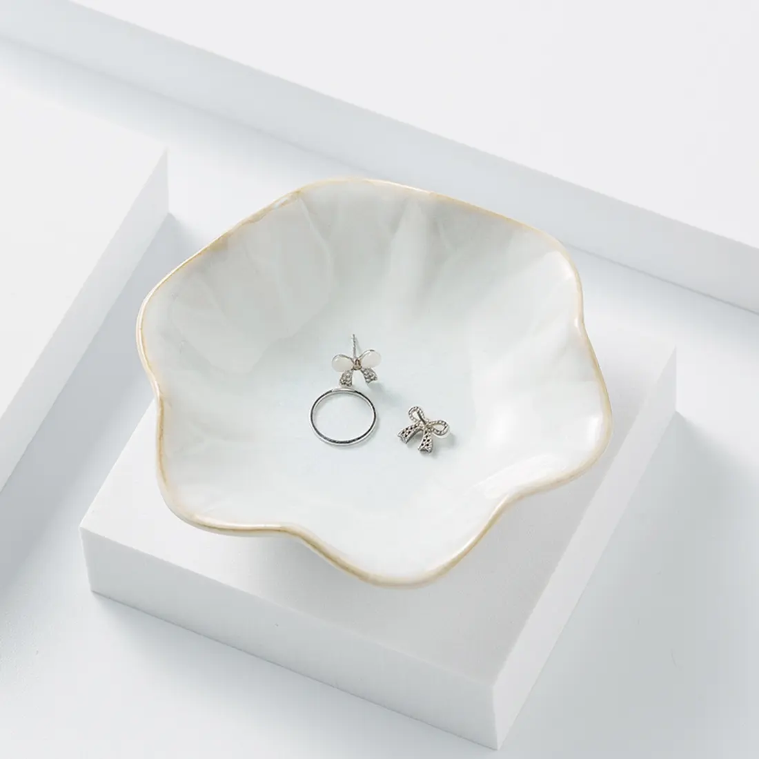 Lotus Leaf Ceramic Ring Holder - Round Modern Waterproof Home Organizer, Small Room Decor Trinket Tray & Key Bowl for Jewelry (White + Light Green, Jewelries Not Included)