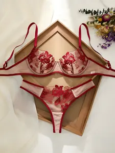 Cozy & Sexy Red Lingerie You Can Wear Home Or Out Red Floral Embroidered Lingerie Set For Date Night  Embroidery Womenswear Bodysuits Womenswear Teddy