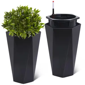 22.4" Set of 2 Tall Planters, Self-Watering Planter with Drainage Holes/Water Level Monitor Movable Wheels and Inner Bucket for Outdoor and Indoor,Black