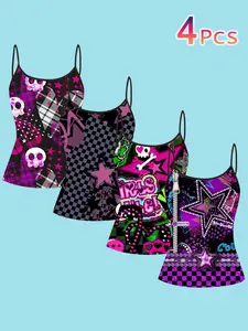4 Piece Set Y2K Punk Graffiti Strapless Top, Street Style Inner Layer Outer Wear, Slim Fit Sleeveless All over Print Vest, Casual Fashion