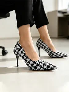 Women's Vintage Houndstooth Heels 3.54 Inch (9cm) - Soft Textile Pumps Comfortable Work Office Shoes Classic Plaid Pattern Daily Wear Footwear Trendy Non-Slip Sole Fashion Lady Shoes Chic Texture Party Date Night Elegant Spring Autumn