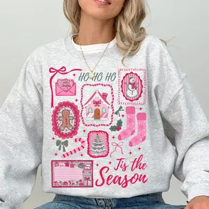 Pink Christmas Sweatshirt, Tis The Season Holiday Crewneck, Cute Girly Xmas Sweater, Candy Cane Bow Santa Pullover, Winter Outfit for Women