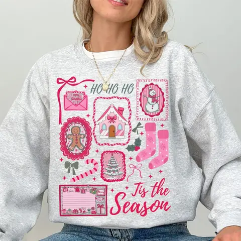 Pink Christmas Sweatshirt, Tis The Season Holiday Crewneck, Cute Girly Xmas Sweater, Candy Cane Bow Santa Pullover, Winter Outfit for Women