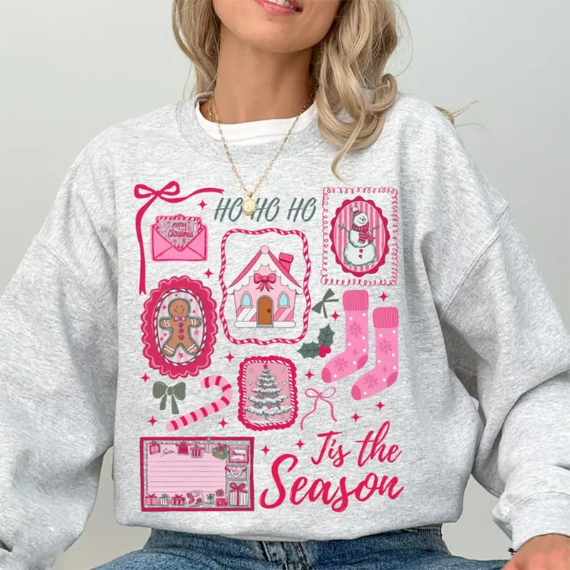 Pink Christmas Sweatshirt, Tis The Season Holiday Crewneck, Cute Girly Xmas Sweater, Candy Cane Bow Santa Pullover, Winter Outfit for Women