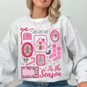 Pink Christmas Sweatshirt, Tis The Season Holiday Crewneck, Cute Girly Xmas Sweater, Candy Cane Bow Santa Pullover, Winter Outfit for Women