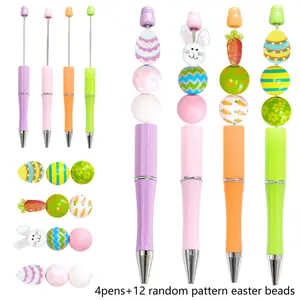 Colorful Easter Egg Series Beaded Pen Set DIY Kit, 4 Pens + 12 Random Pattern Wooden Beads, Easter Party Favors Gift Set