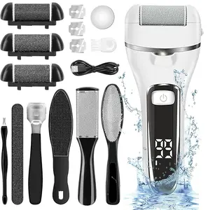 Quantum Lux Rechargeable Electric Foot File for Cracked Heels and Dead Skin - Diamond White with 18-Piece Pedicure Kit and 3 Roller Heads