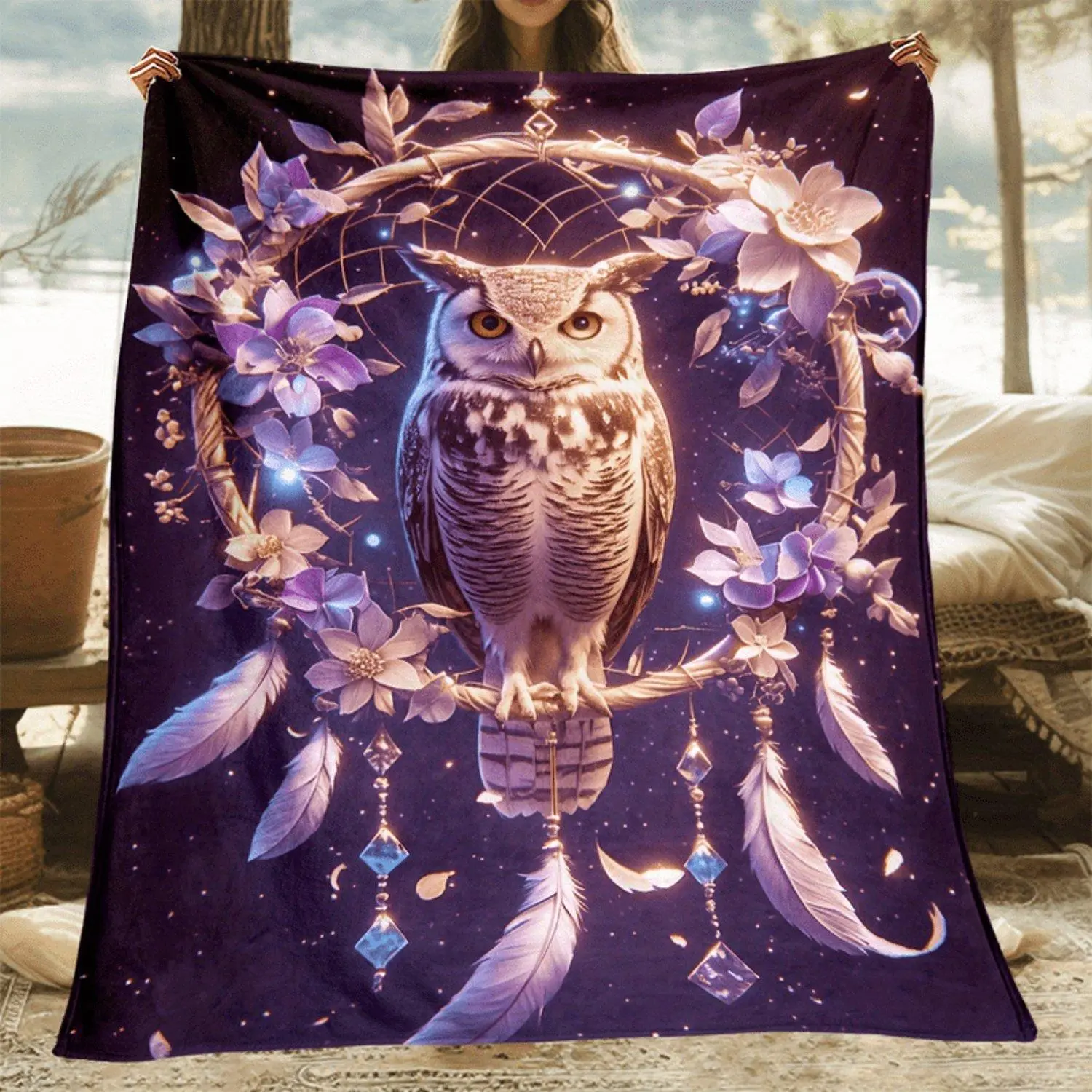 1pc Dreamcatcher and Owl Design HD Printed Lightweight Flannel Blanket Gifts for Family or Friends Knitted All Season Sofa Office Bed Travel Camping Car Comfort with Unique Print Design