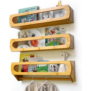Bamboo Nursery Book Shelves, Fully Assembled For Easy Use - Set of 3 Floating Shelves for Wall Kids, Wall Mounted Book Shelves For Kids Room, Baby Room, Toddler Room, Nursery Decor, 16.5 Inch Natural