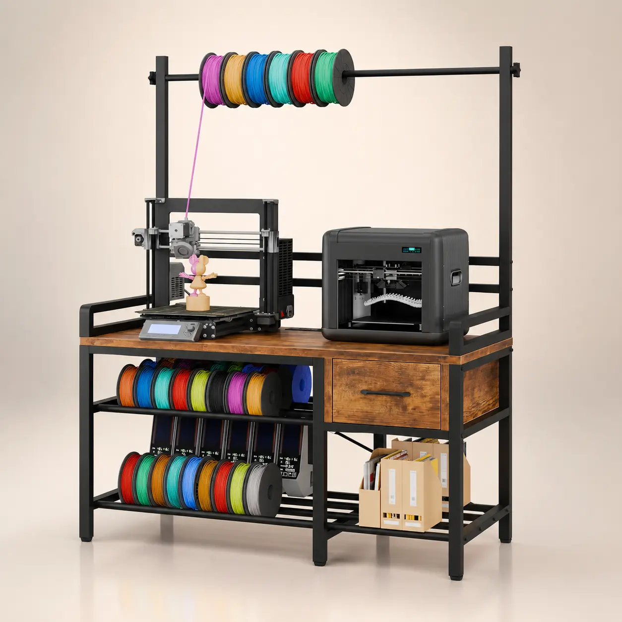 3D Printer Workstation with Filament Storage Rack, Multi-Spool Holder, Large Wood Top & Tool Drawer, Freestanding Metal Printer Stand and Organizer Table for Maker Space, Craft Room, Workshop or Home Studio