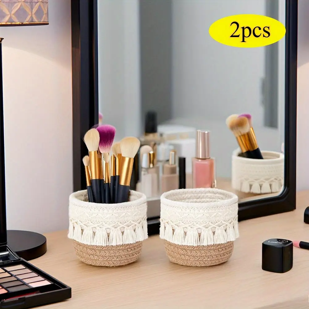 2 pcs mini woven storage baskets with tassels, 3.9-inch Bohemian style storage rack, suitable for makeup brushes, toiletries, bathroom storage, and home decor