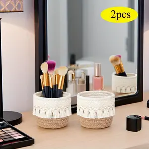 2 pcs mini woven storage baskets with tassels, 3.9-inch Bohemian style storage rack, suitable for makeup brushes, toiletries, bathroom storage, and home decor