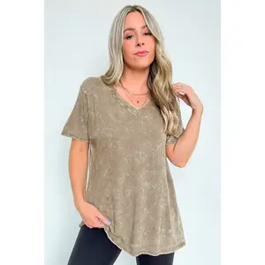 Soleil Acid Wash V-Neck Relaxed Fit Top - BACK IN STOCK