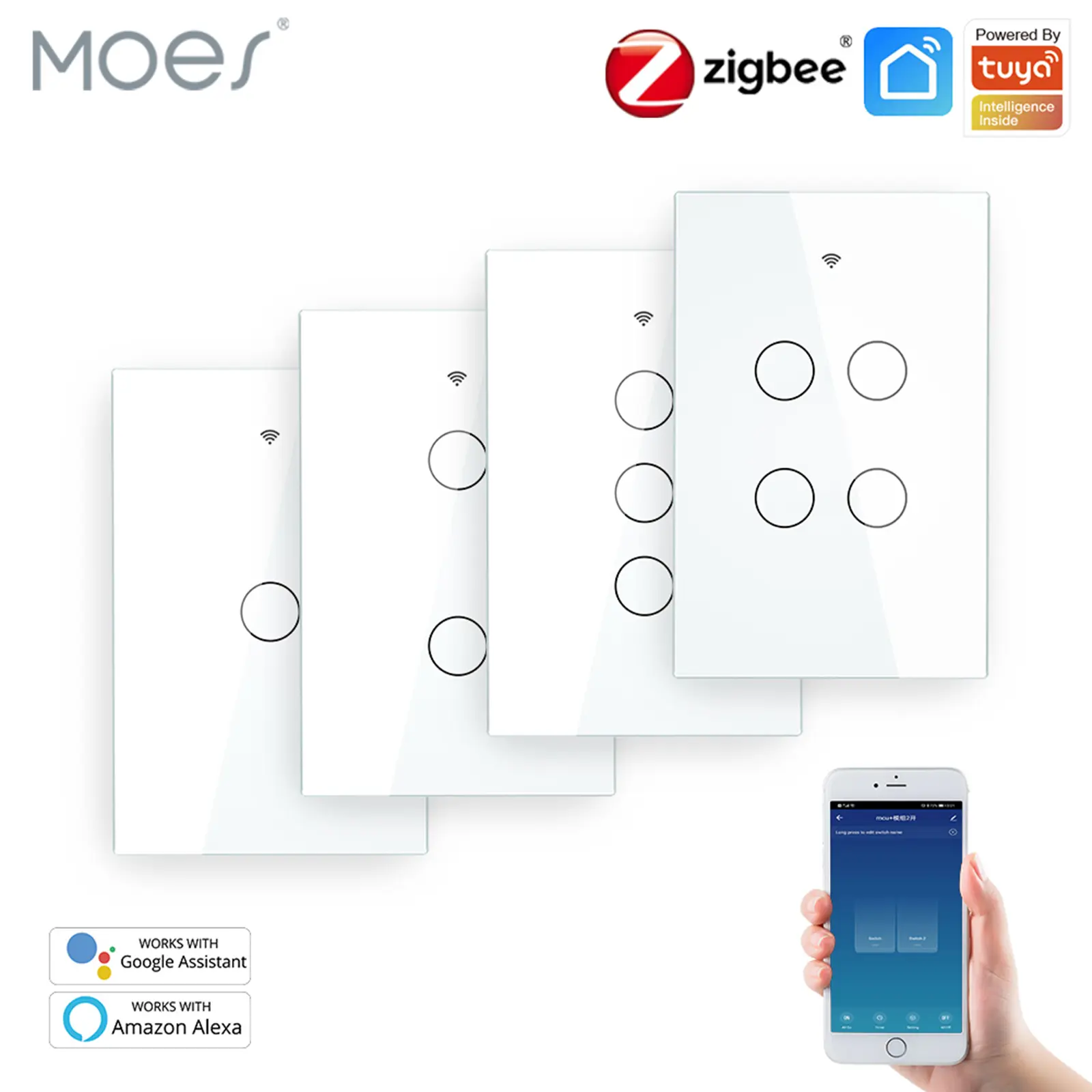 MOES US 1/2/3/4 Gang Zigbee Glass Panel Wall Switch for Home Use, Works with Alexa & Google Home - Supports Hands-Free Voice Control, Multi-Way Switching, Software-Based.