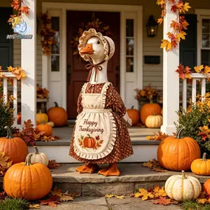 Thanksgiving Porch Goose Outfit Pumpkin Print Floral Fake Two-piece Dress Ruffled Hat Set for 23" Lawn Cement Plastic Goose