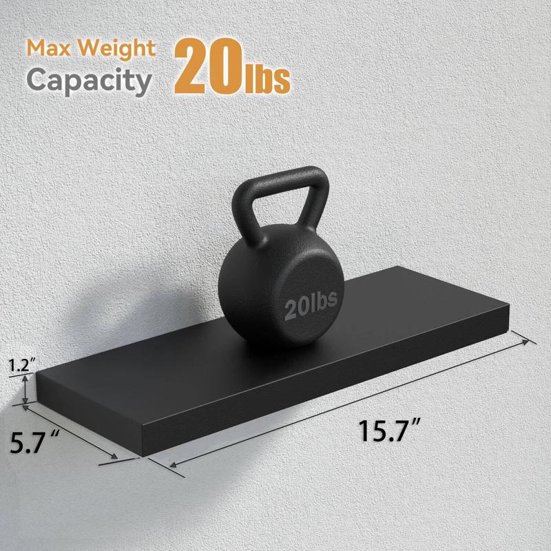 Bosniik Black 15.7inch Floating Shelves 4 Sets with Invisible Brackets for Bedroom Bathroom Kitchen Living Room Decor Artificial Wood Frosted Surface 20 lb Capacity Easy Assembly Wooden