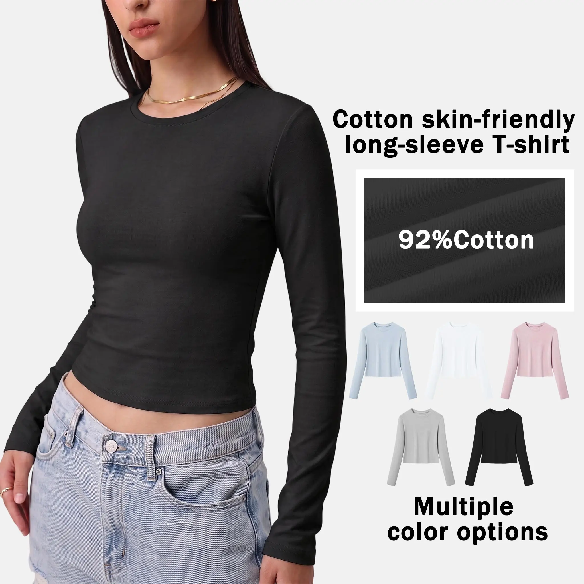 Women’s cotton blend crew-neck long-sleeve cropped top—stretchy, slim-fit, waist-revealing base layer suitable for workouts, yoga, home wear, office, and everyday outings.