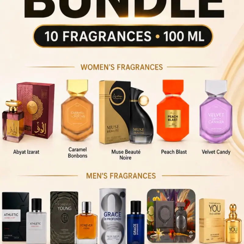 Wholesale Bundle Unisex - Mix 100 ml Eau de Parfum - Izarat abyat - Caramel Bonbons- Muse Beaute Noire- Peach Blast - Velvet Candy - Athetic Homme Sport- Forever Young- Grace di Profondo - Raed Intensely- Together whit you Oud leather