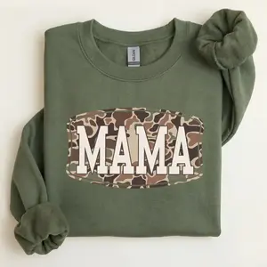 Camo Mama Sweatshirt, Trendy Camouflage Graphic Crewneck, Cool Casual Style, Mother’s Day Gift for Moms, Stylish Apparel for Women