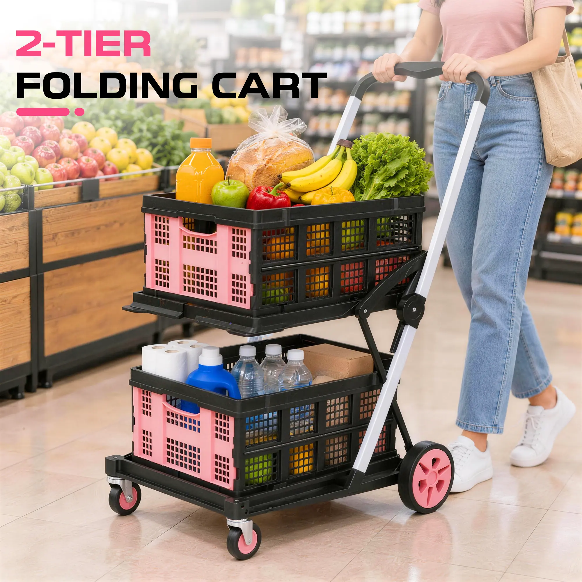 2-Tier Foldable Rolling Grocery Cart, Portable Shopping Cart with 2 Large Removable Baskets, Lightweight and Easy to Store in a Car Trunk, Ideal for Supermarket, Home, Outdoor & Camping Use