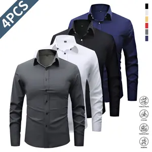 4-Pack men's micro-elastic long-sleeved shirts, suitable for muscular men's slim-fitting casual button-up shirts, suitable for wedding banquets, daily outings, outdoor sports, business meetings and other occasions, holiday gifts