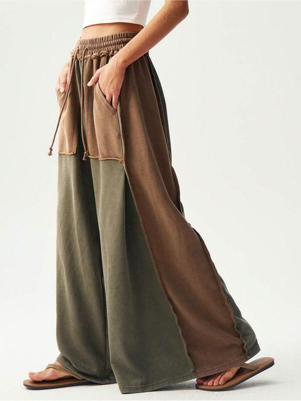 BOHO Ladies' Casual Knitted Patchwork Color Loose Wide-Leg Washed Pants