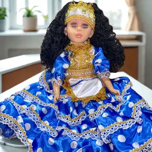Muñeca Spiritual Doll in Blue Polka Dot Dress with Gold Accents and Black Hair Decor Religious