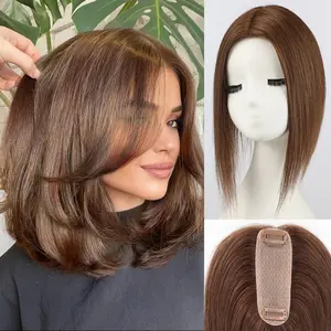 starluck Hair Toppers for Women Real Human Hair 4.5"*1.5"Silk Base Brown HairPieces No Bangs 100% Real HumanHair Toppers for Women with ThinningHair Cover Gray HairRoot