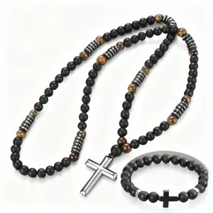 2pcs Bead Matte Black Natural Stone Yellow Tiger Eye Cross Pendant 70CM Necklace and 20CM bracelet Men's Cool Jewelry Gift Daily Wear Lava Stone Black Obsidian Yellow Tiger-eye Beads Cross Pendant Y Necklace for Men