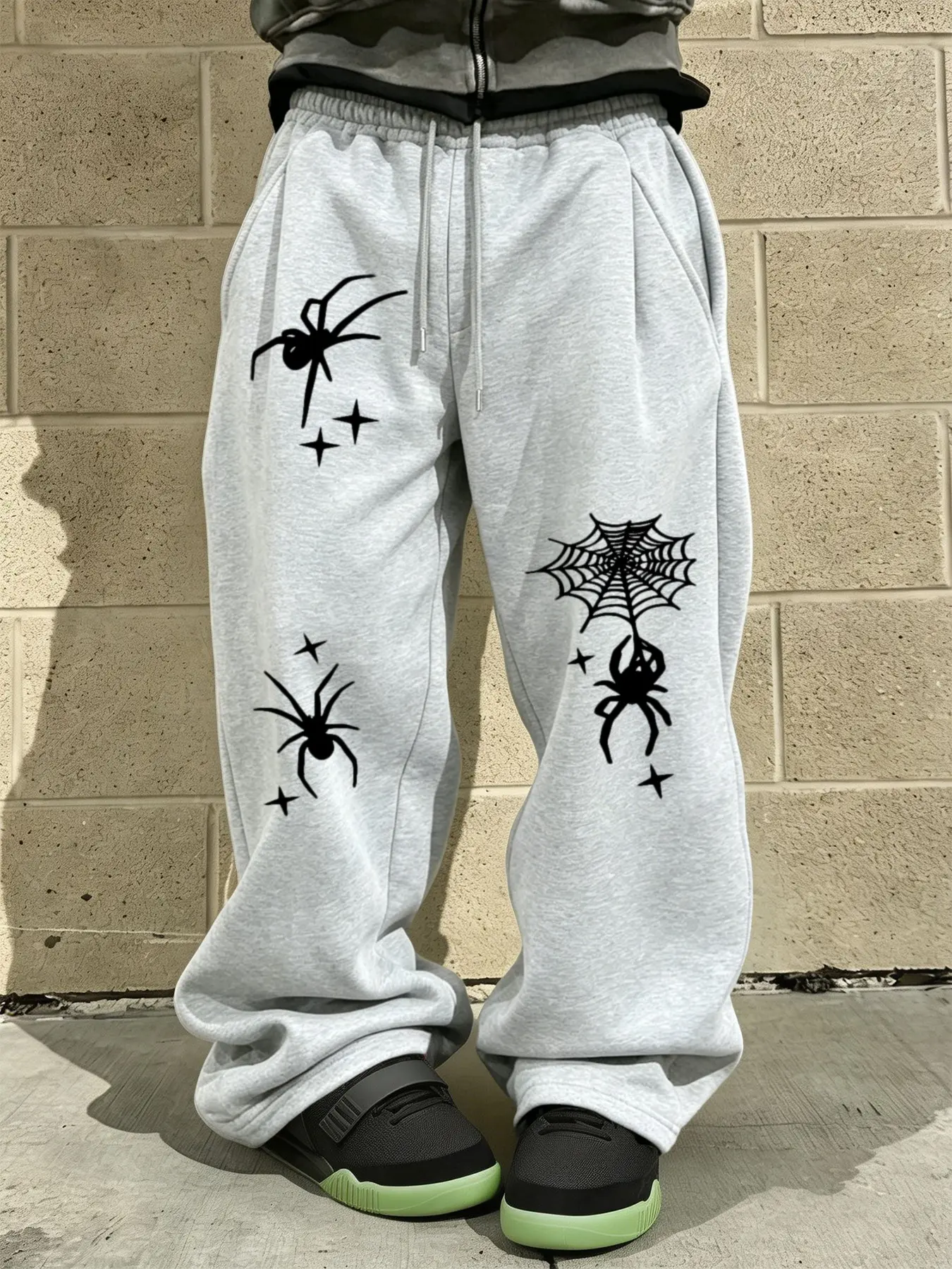 Men's Loose Fit Street Style Pants, Spider Print Wide Leg Sweatpants, Drawstring Waist, Casual Daily Wear, Trendy Sports Pants