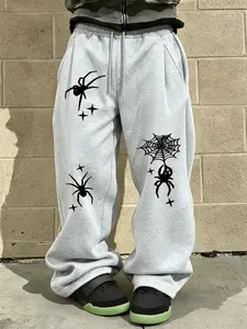 Men's Loose Fit Street Style Pants, Spider Print Wide Leg Sweatpants, Drawstring Waist, Casual Daily Wear, Trendy Sports Pants