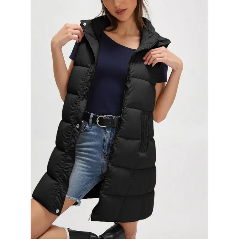 Naeduo Lady's Classic Minimalist Fitted Long Nylon Down Vest - Soft Sleeveless Sweet Puffy Top with Pockets, Detachable Hood (XS, M), Basic Casual