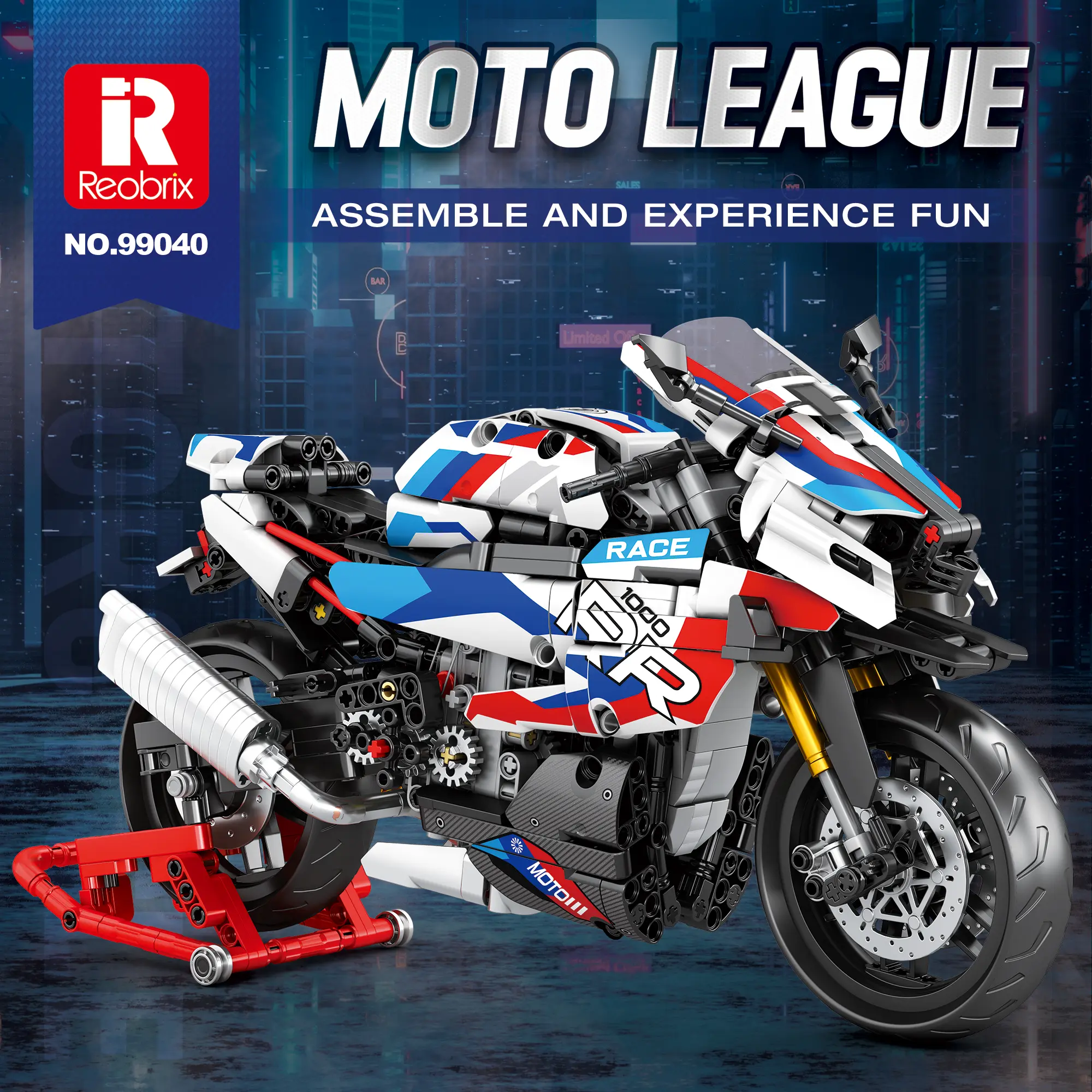 Reobrix Moto League 99040 1000 RR Technic Motorbike Building Set, 1:5 Scale, 949 Pieces, Transportation Themed Collectible Display Model with Stand, Gift for Boys & Motorcycle Enthusiasts Ages 12+ Supporting Development