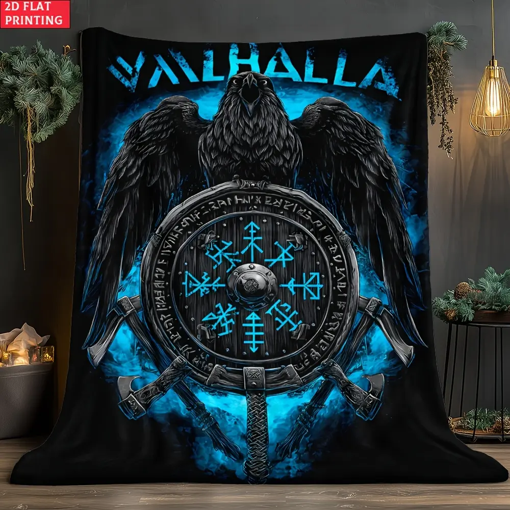Raven Valhalla Blue Flannel Throw Blanket - 50x40inch (for Kids), Lightweight, Wrinkle Resistant, Compact, Durable, Fade Resistant, Machine Washable, Tightly Woven Soft Warm Fabric - for Living Room, Family Gifts, Watch Party