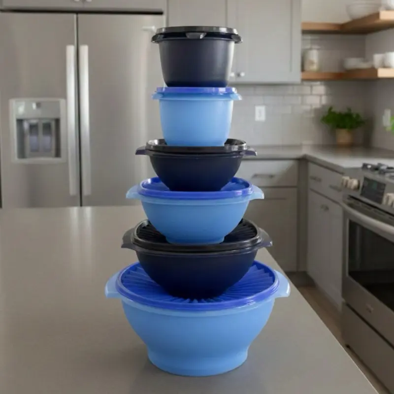 6-Piece Stackable Plastic Kitchen Storage Containers Set - Navy & Royal Blue Reusable Leakproof Airtight Portion Control Containers, 7,5,3,2-Cup Sizes, 19-Cup Total Capacity for Meal Prep, Organizing Kitchen, Snack Storage