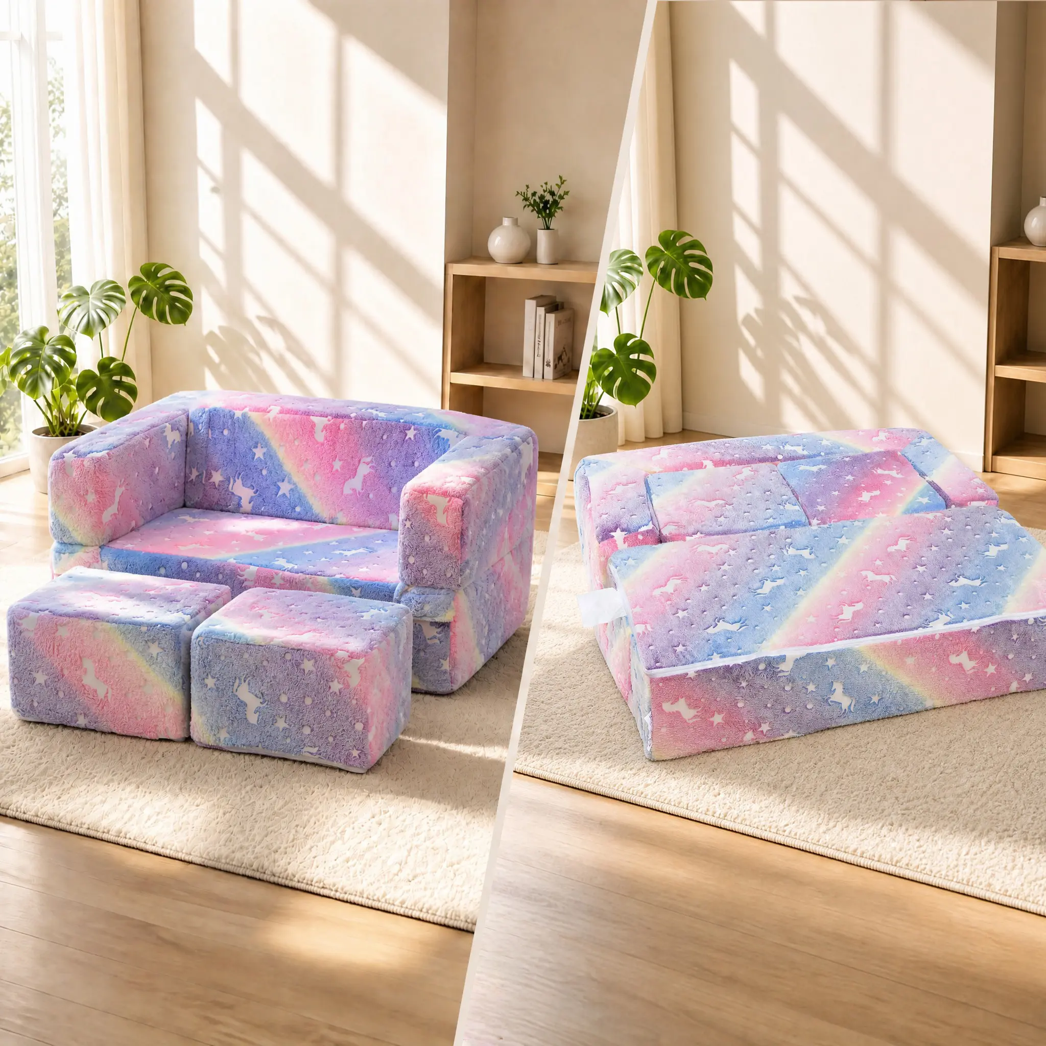 LANSHEN Kids' Foldable Unicorn Pattern Sofa Set with 2 Stools, Flannel, Sturdy Fixed Arms, Machine Washable Plush Toddler Armchair, Fire Safety Label, Durable, Extendable, Above 25 kg Capacity, Ideal for 5-6 Years Girls' Bedroom Reading Furniture, Cartoon