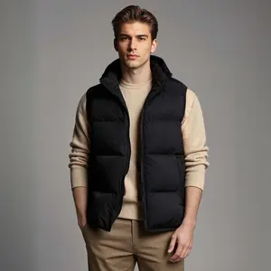 Men's Detachable Hood Solid Color Puffer Vest for Autumn or Winter Sleeveless Outerwear Black Polyester Regular Fit with Drawstring Pocket and Zipper Sports Outdoor