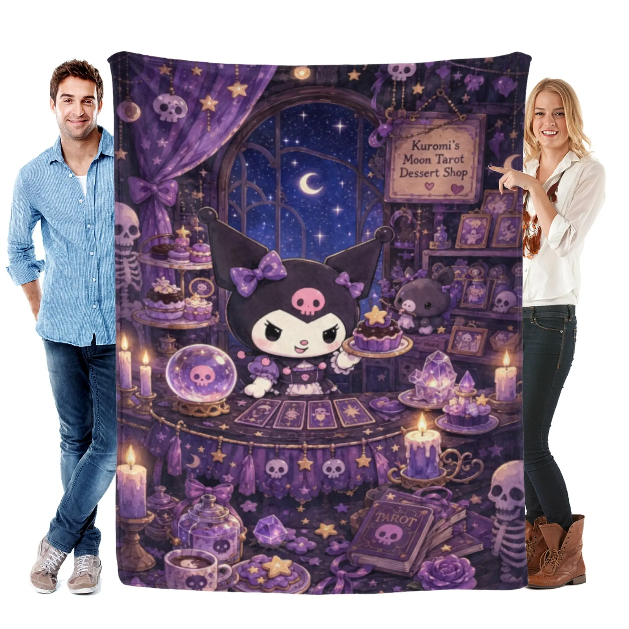 [SummerVibes] SANRIO Kuromi Flannel Throw Blanket - Soft Cozy Goth Cute Aesthetic with Moon Tarot Dessert Shop Theme, Vibrant 2D Print for Home, Couch, Bed, Best Gifts for Fans