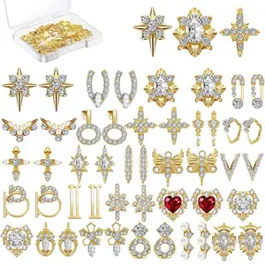 48 Pcs Gold Nail Charms Heart Rhinestones Nail Gems Shiny Diamonds 3D Dangle Jewels Metal Crystals Luxury Decoration with Storage Box for Women DIY Hand Beauty Craft Jewelry Making, 24 Styles