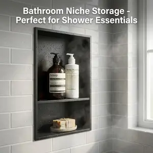 Stainless Steel Shower Niche, No Tile Needed Recessed Bathroom Shelf for Wall, Waterproof Shower Storage Niche with 2 Compartments, No Drilling Bathroom Niche for Toilet, Kitchen, Laundry (Matte Black, 12" x 18"x 4")