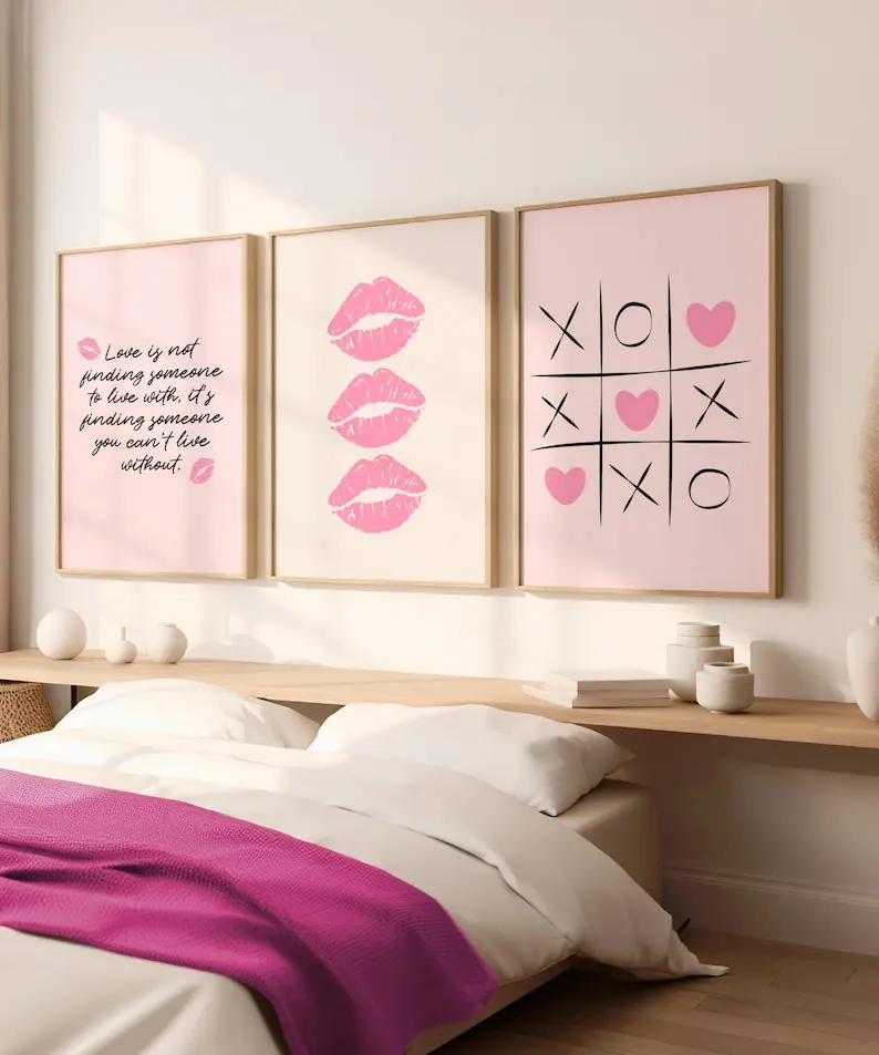 Trendy Love Wall Art Set of 3 Trendy Girly Aesthetic Pink Lips Print XOXO Poster Valentines Day Decor Love Letter Minimalist