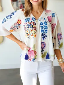 Summer Elegant Boho Floral Print Fringe Tassel Tie Waist Vneck Bell Sleeve Loose Flowy Top, Women's Casual Fashion Blouse Shirts, Bohemian, Comfortable and Stylish