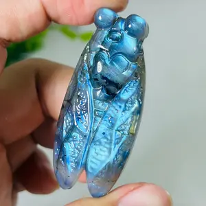 1pc Handmade Labradorite Wax Cicada Jewelry Accessory, Natural Stone Insect Shape, Blue and Geometric Design, Home Office Decor Gift