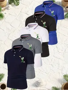 5 Colors Men's Golf Polo Shirt Classic Tricolor Collar Embroidered Golf Pattern Quick Dry Athletic Tee