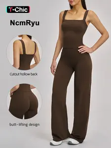Women's Two-Piece Sports Set, Seamless Fitness, Square Neck Backless Top, High Waist Wide Leg Pants, Summer Workout Wear, Workout Sets