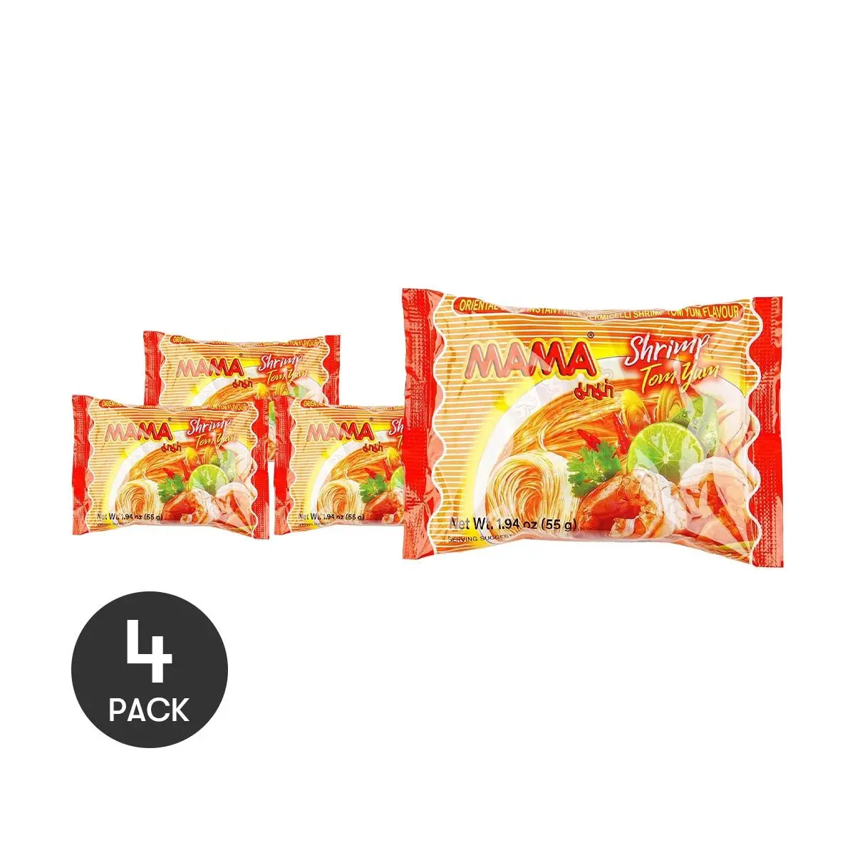 MAMA Tom Yum Kung Instant Noodles - Authentic Thai Flavor, 4x 55g Value Pack