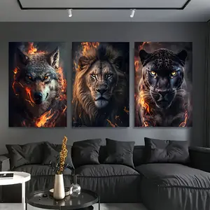 2D Plane, 3PCs Flame Background Animal Portrait Three-Piece Painting, Fierce Wolf, Lion, Leopard Poster Printing Painting, Suitable for Home, Office, Living Room, Bedroom Decoration Gift Hanging