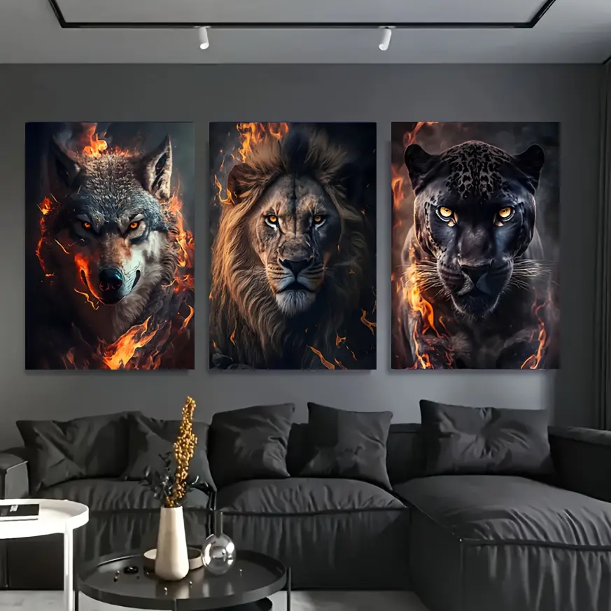 3PCs Artistic Animal Portrait Wall Posters - 2D Flame Background, Fierce Wolf, Lion, Leopard Print Pattern, Modern Abstract Face Design, Home Decor for Living Room, Bedroom Hanging Gift, Animal Print, Eco-Friendly, Decoration