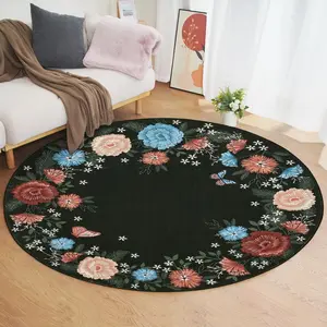 GARVEE 4ft Floral Washable Round Area Rug - Soft, Non-Slip, Non-Shedding Boho Circle Carpet with Low Pile, Foldable Thin Mat for Bedroom, Living Room, Bathroom, Nursery, Kitchen, Under Table - Black
