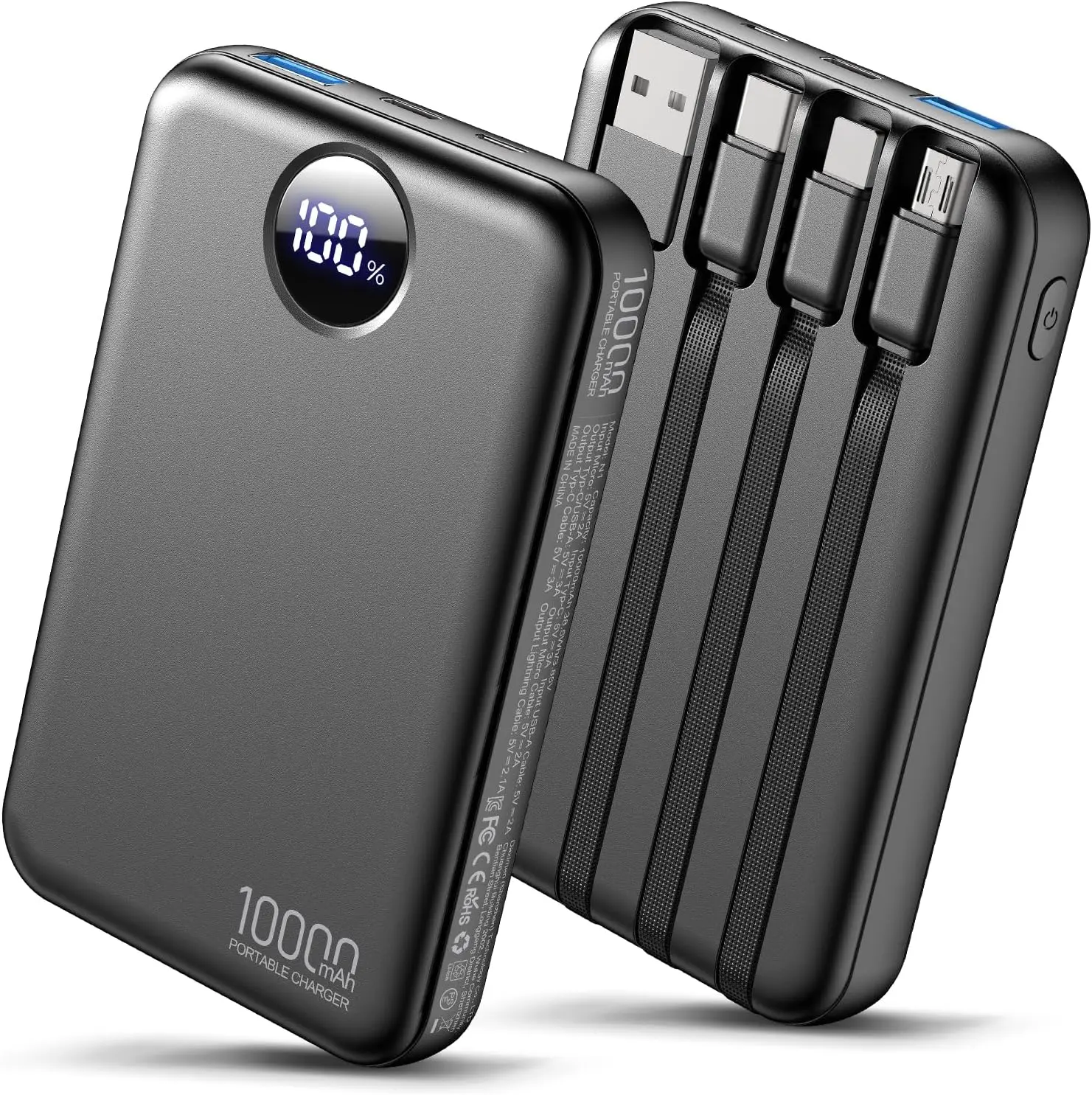 Portable Charger 10000mAh Power Bank Built in 4 Cables Fast Charging Ultra Compact Battery Pack LED Power Display Slim Travel Charger Compatible with iPhone Android Smartphones Electronic Devices Black